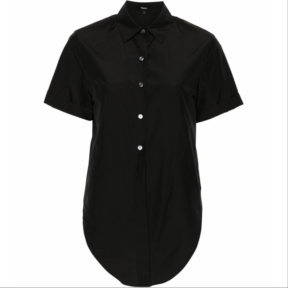Theory Black Tie Front Short Sleeve Cropped Button-Up Tie-Front Soft Lawn Shirt